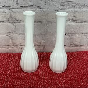 Vintage Milk Glass Bud Vase Set of 2 White Swirl Fluted Decor 9"